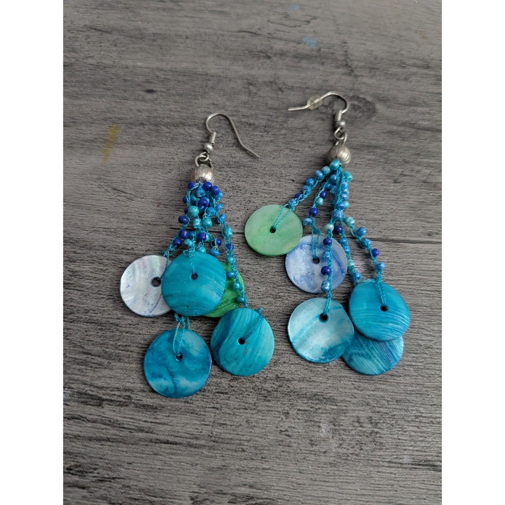 Boho Blue Shell Disc Chandelier Earrings Beaded Turquoise Teal Dangle Drops